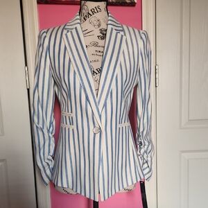 Tahari ASL Blue and White Vertical Stripe Blazer